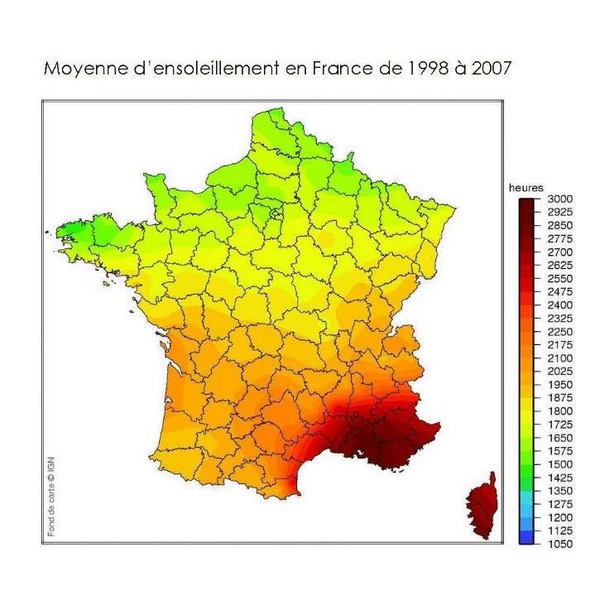 Moyenne d'ensoleillement en France de 1998 à 2007